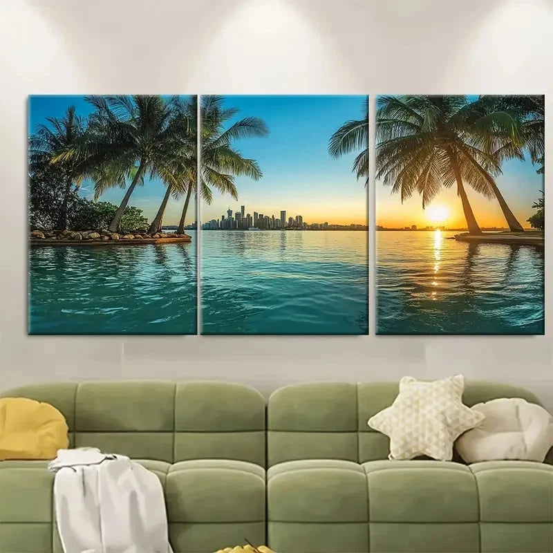 3pcs Brisbane Tropical Palm Tree Cityscape Wall Art Set Canvas Framed 40x60cm - High Quality Print 100% Australian Made Wall Canvas Ready to Hang - Bella Home Decor