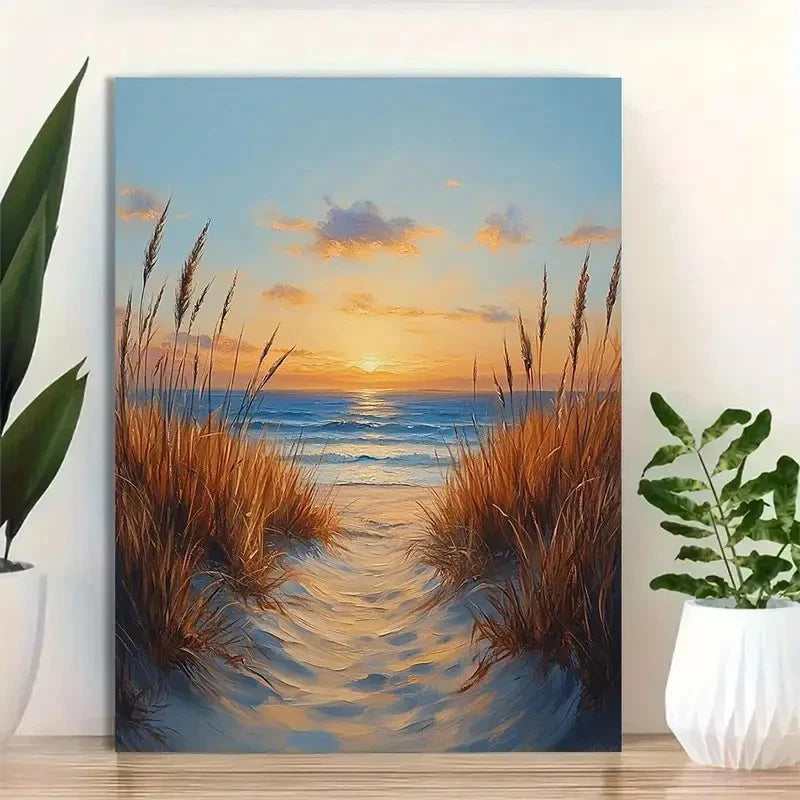 Beautiful Golden Sands & Ocean Waves Painting 40x60cm Metal Print Ready to Hang