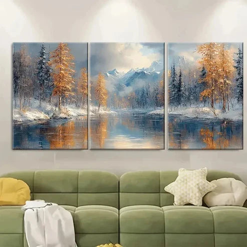 3pcs Winter River Oil Painting EK Wall Art Set Canvas Unframed - High Quality Print 100% Australian Made Wall Canvas - Bella Home Decor