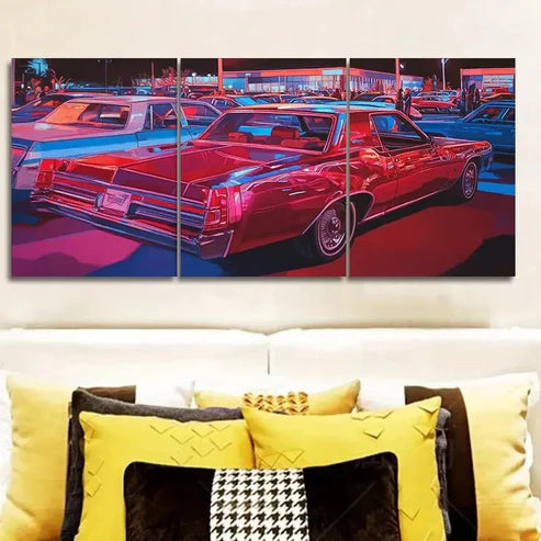 3pcs Vibrant Red & Blue Classic Cars in Night Wall Art Canvas Unframed - High Quality Print 100% Australian Made Wall Canvas