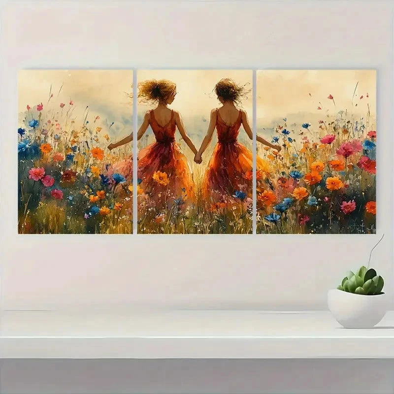 3pcs Vibrant Orange & Blue Floral Design OB Wall Art Set Canvas Framed 60x90cm - High Quality Print 100% Australian Made Wall Canvas Ready to Hang