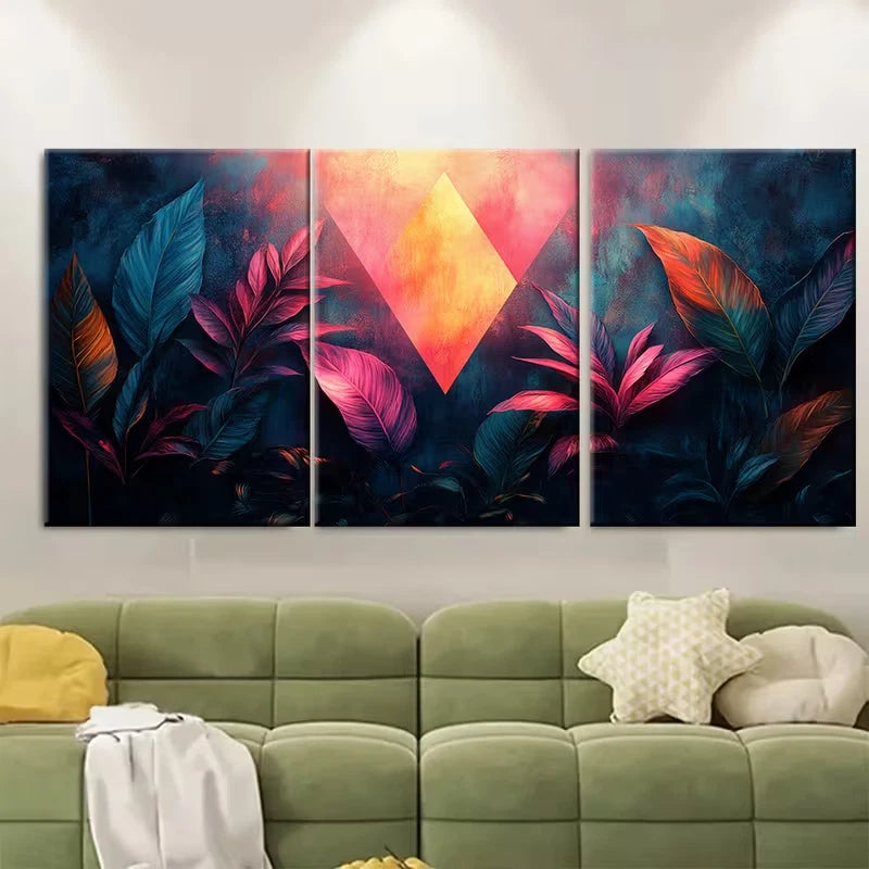 3pcs Tropical Pink Teal Leaves Exotic Jungle Metal Print Ready to Hang Art