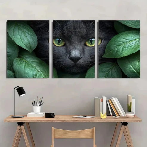 3pcs Charming Black Cat & Green Leaves Wall Art Canvas Unframed - High Quality Print 100% Australian Made Wall Canvas - Bella Home Decor