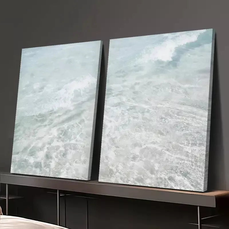 2pcs Painting, Turquoise Sea with Waves, Blue Sea Simple Style Canvas Framed 50x75cm - High Quality Print 100% Australian Made Wall Canvas Ready to Hang - Bella Home Decor