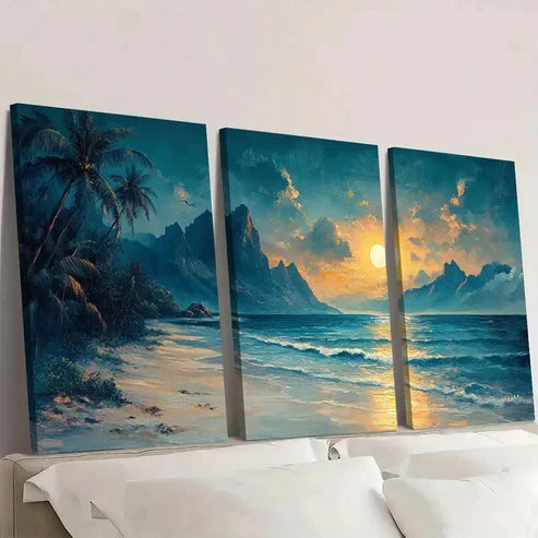 3pcs Tropical Beach Scene with Palm Trees T Wall Art Set Canvas Unframed - High Quality Print 100% Australian Made Wall Canvas - Bella Home Decor