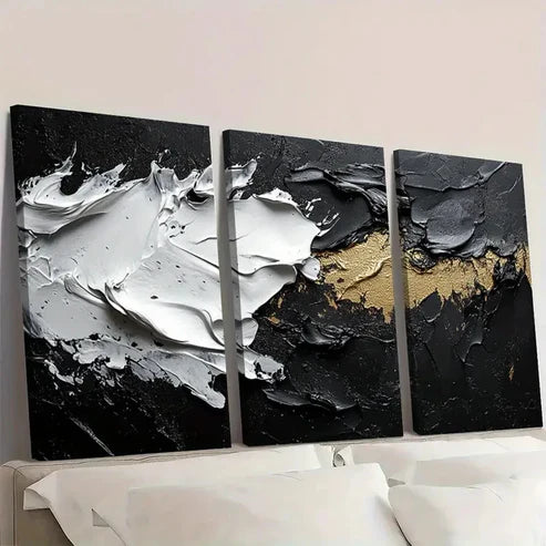 3pcs Black White and Golden Metallic Finish Wall Art Set Canvas Unframed - High Quality Print 100% Australian Made Wall Canvas