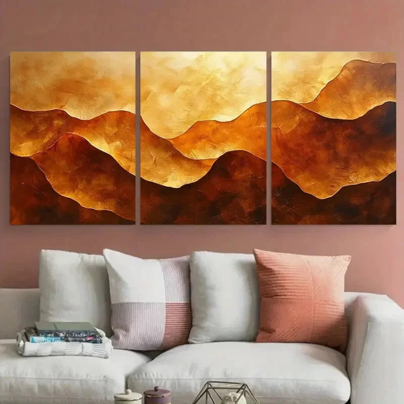 3pcs Vibrant Modern Abstract Golden Brown Wall Art Set Canvas Framed 40x60cm - High Quality Print 100% Australian Made Wall Canvas Ready to Hang