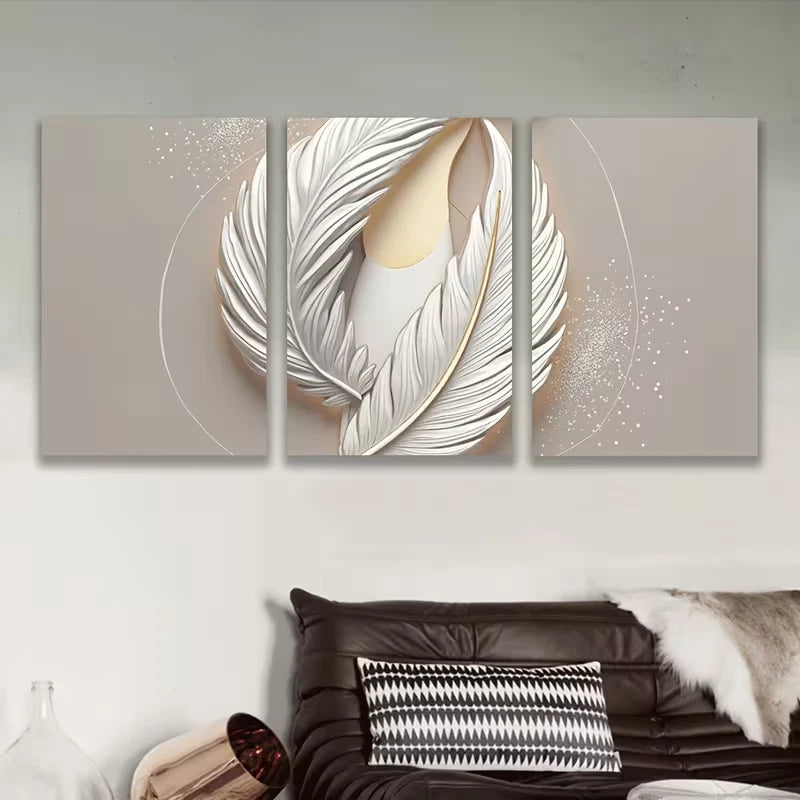 3pcs White Feathers On A White Background Metal Print Ready to Hang Art