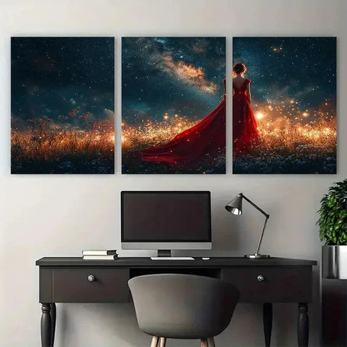 3pcs Red Gown Woman Gazing at Illuminated Night Wall Art Canvas Unframed - High Quality Print 100% Australian Made Wall Canvas