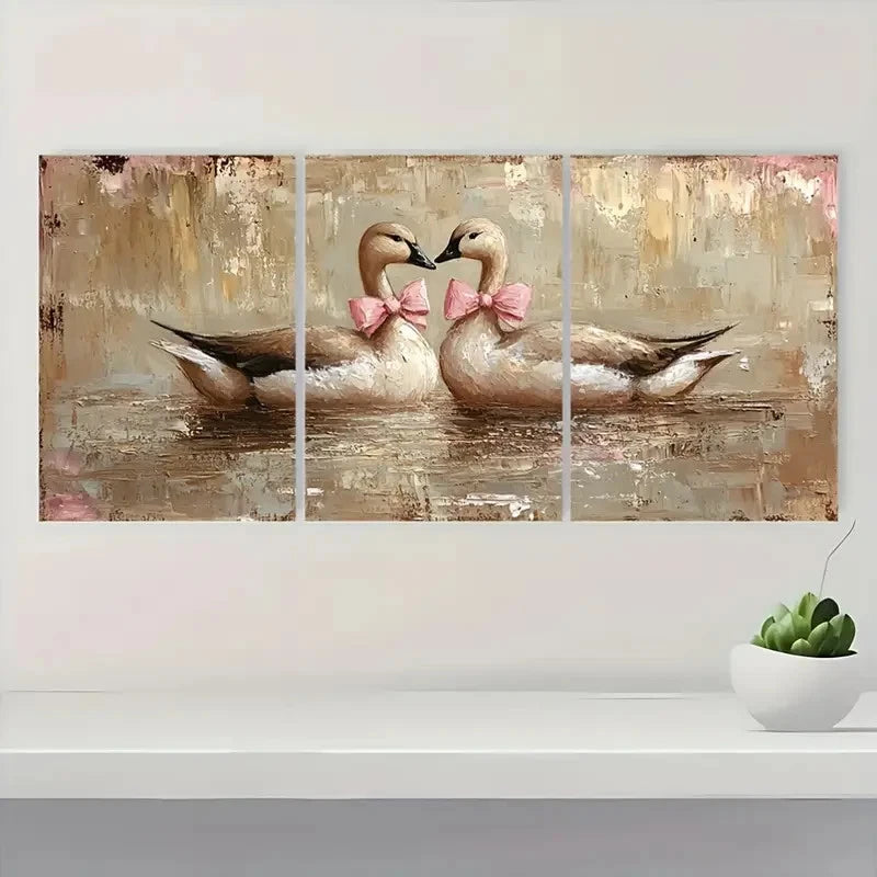 3pcs Romantic Couple Geese with Pink Bows G Wall Art Set Canvas Framed 50x70cm - High Quality Print 100% Australian Made Wall Canvas Ready to Hang