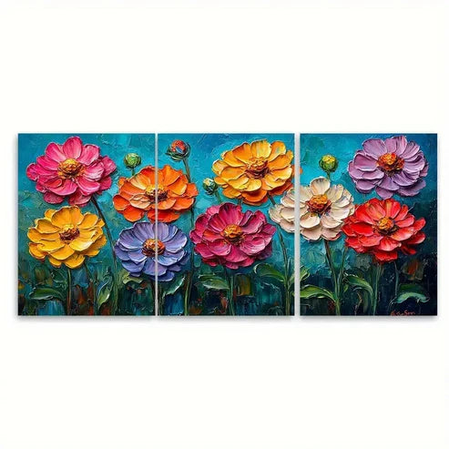 3pcs Zinnia Flowers Impasto Illustration Wall Art Canvas Unframed - High Quality Print 100% Australian Made Wall Canvas