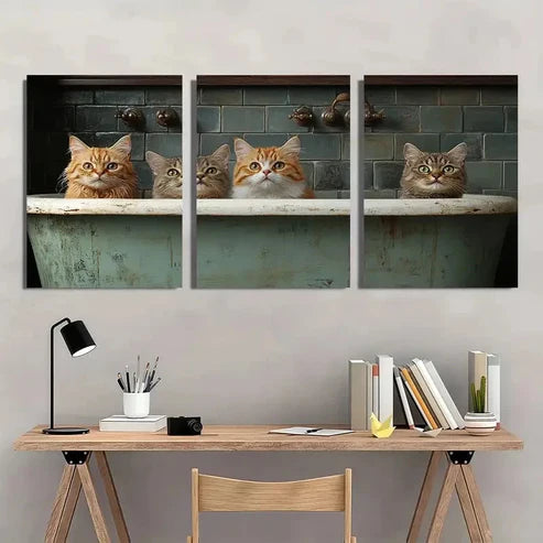 3pcs Playful Cat Vintage Painting Wall Art Canvas Unframed - High Quality Print 100% Australian Made Wall Canvas