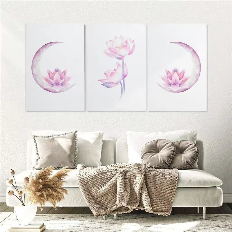 3pcs Lotus Flower Boho Moon Watercolor Painting Wall Art Set Canvas Framed 40x60cm - High Quality Print 100% Australian Made Wall Canvas Ready to Hang