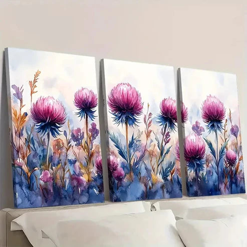3pcs Thistle Watercolor Painting - Scottish TW Wall Art Set Canvas Unframed - High Quality Print 100% Australian Made Wall Canvas