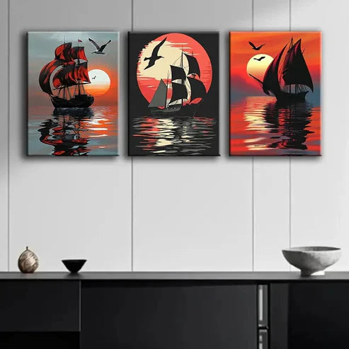 3pcs Sailboats Sunset Shine Moon Ocean Perfect Wall Art Set Canvas Unframed - High Quality Print 100% Australian Made Wall Canvas