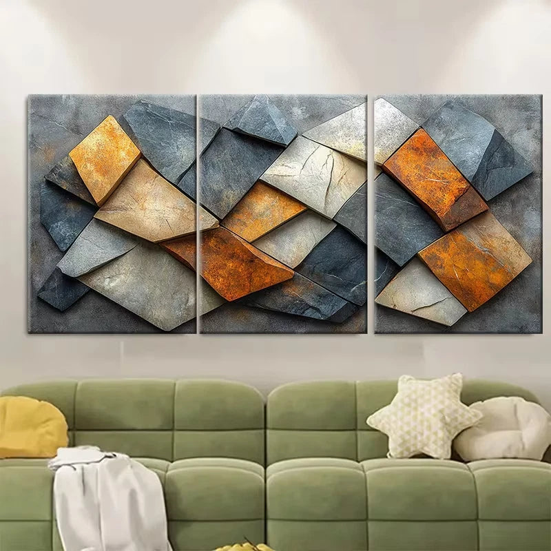3pcs Geometric Marble Mosaic Metal Print Ready to Hang Art