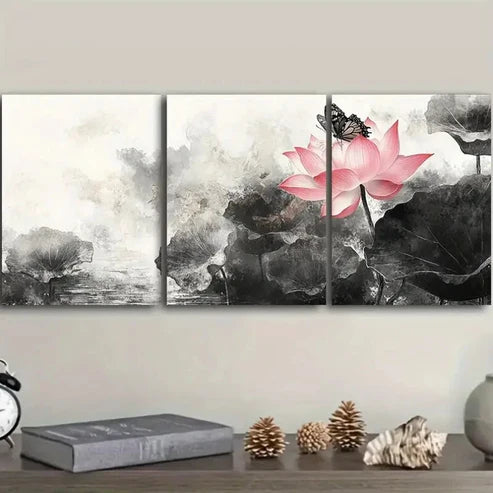 3pcs Pink for Lotus Flower Trio Wall Art Set Canvas Unframed - High Quality Print 100% Australian Made Wall Canvas