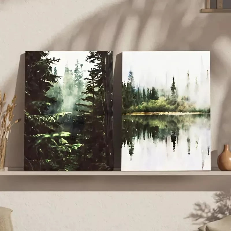 2pcs Watercolor Forest Landscape with Green Foggy Trees - Framed 50x75cm - High Quality Print 100% Australian Made Wall Canvas Ready to Hang - Bella Home Decor