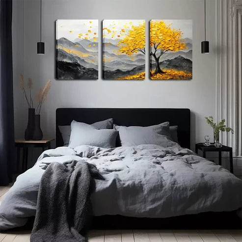 3pcs A Yellow Big Tree on a Mountain Wall Art Set Canvas Unframed - High Quality Print 100% Australian Made Wall Canvas - Bella Home Decor