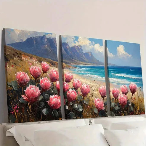 3pcs Flowers & Beach Landscape C Wall Art Set Canvas Unframed - High Quality Print 100% Australian Made Wall Canvas - Bella Home Decor