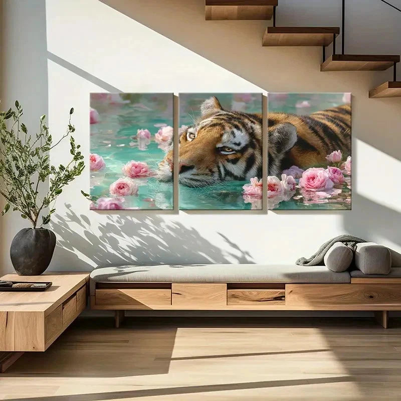 3pcs Tiger in the Flower Pond Poster Metal Print Ready to Hang Art