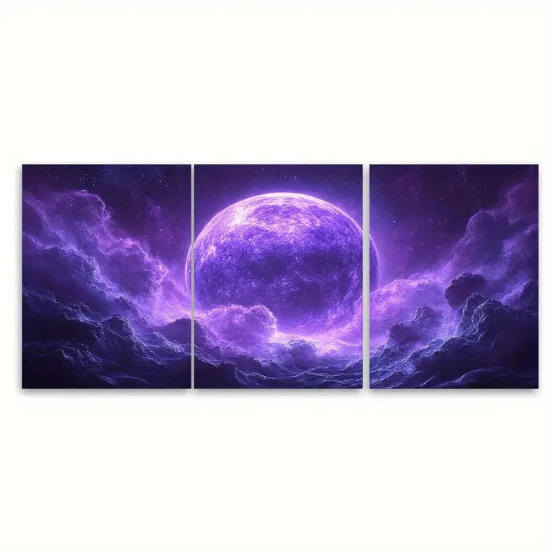 3pcs Purple Planet Cosmic Illustration Wall Art Set Canvas Framed 50x70cm - High Quality Print 100% Australian Made Wall Canvas Ready to Hang