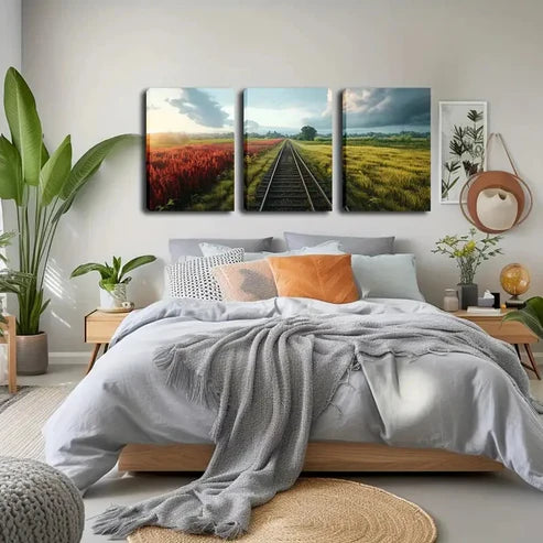 3pcs Charming Autumn Train Tracks Landscape Wall Art Set Wall Art Canvas Unframed - High Quality Print 100% Australian Made Wall Canvas - Bella Home Decor