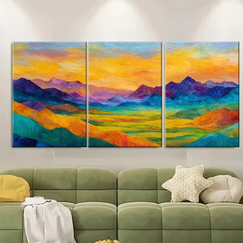 3pcs Sunrise Over Valley with an Abstract Mountain Metal Print Ready to Hang Art