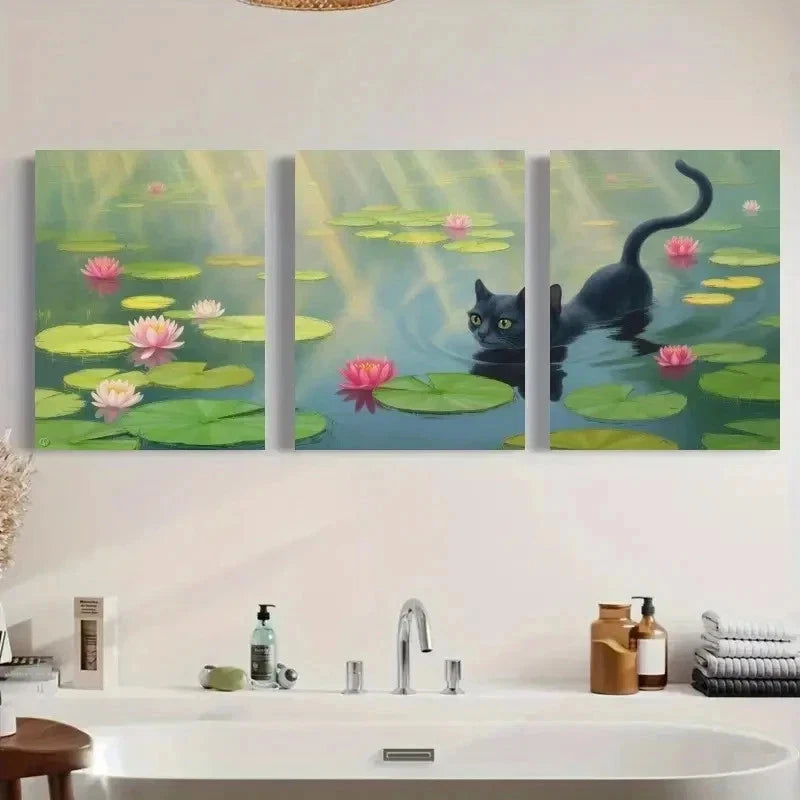 3pcs Black Cat, Water Lilies Wall Art Set Canvas Framed 60x90cm - High Quality Print 100% Australian Made Wall Canvas Ready to Hang - Bella Home Decor