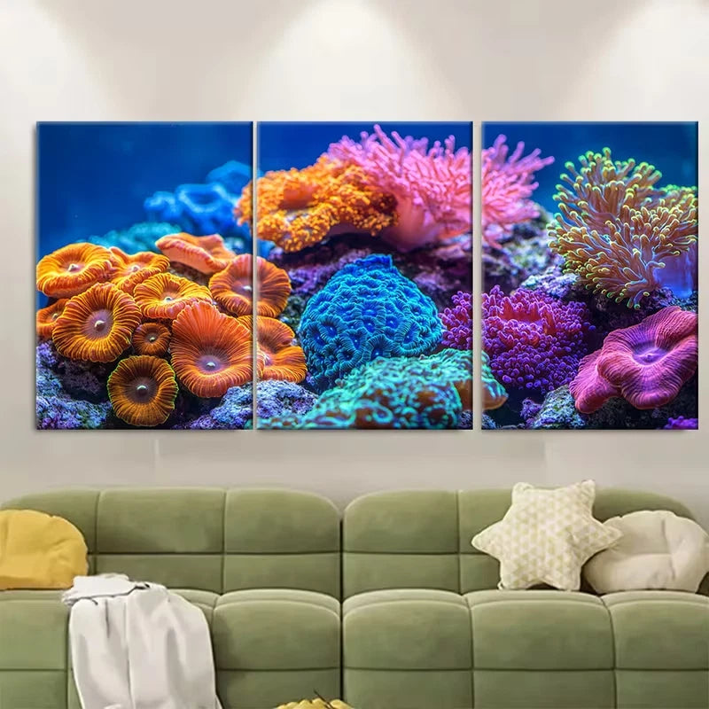 3pcs Coral Close Up Colorful Saltwater Aquarium Metal Print Ready to Hang Art