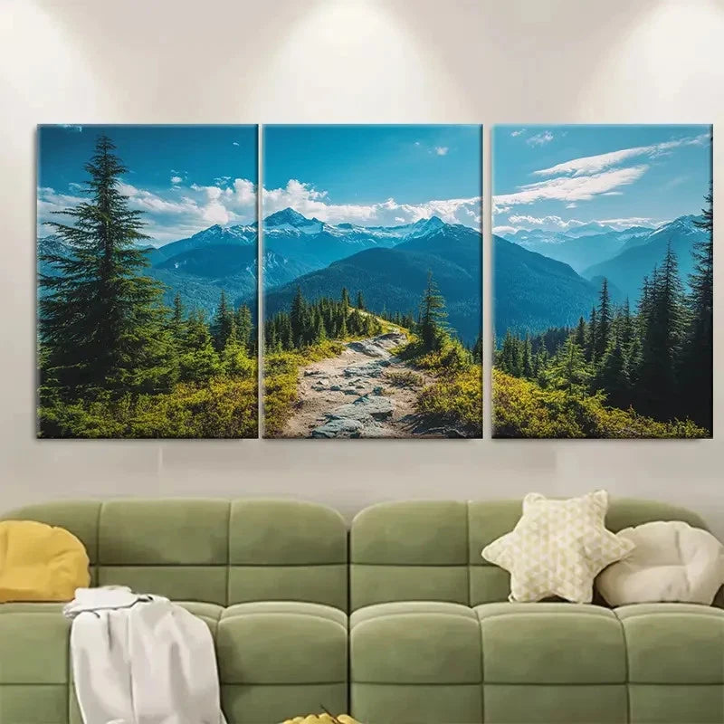 3pcs Snow-Capped Mountains & Lush Greenery, Metal Print Ready to Hang Art