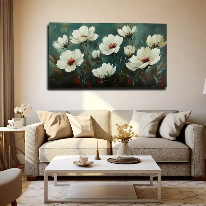 Floral painting above a beige sofa in a living room
