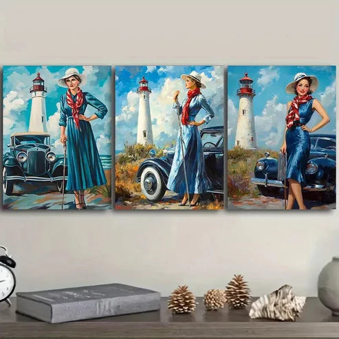 3pcs The girl by the old car Wall Art Set Canvas Unframed - High Quality Print 100% Australian Made Wall Canvas