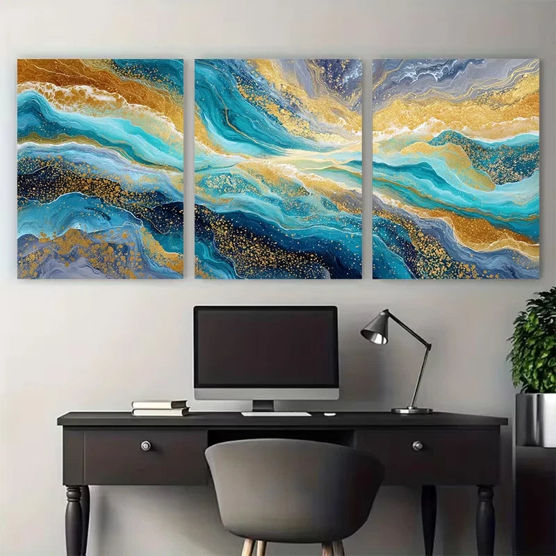 3pcs Blue Golden Ocean Abstract Painting Wall Art Set Canvas Framed 60x90cm - High Quality Print 100% Australian Made Wall Canvas Ready to Hang - Bella Home Decor