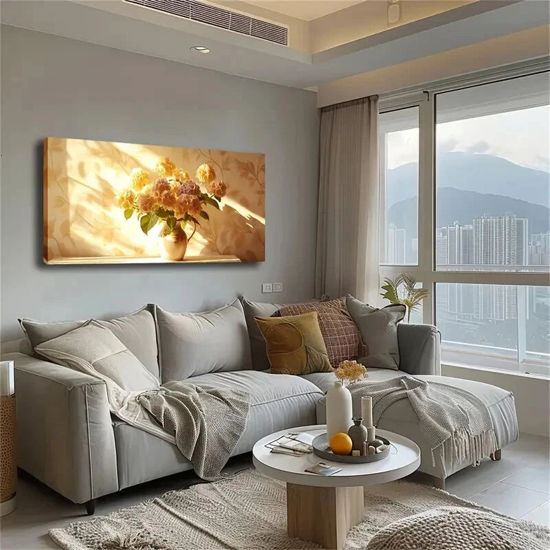 Floral Vase Yellow Hydrangeas Wall Art Canvas Office Home Room Framed 120x60cm - Bella Home Decor