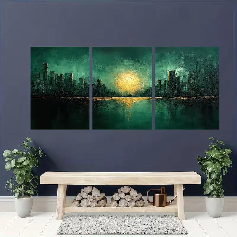 3pcs Featuring a Green Minimalist Abstract Metal Print Ready to Hang Art