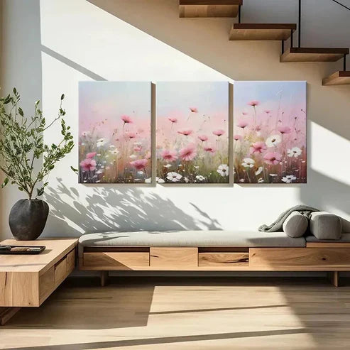 3pcs White Daisies & Pink Flower Field Wall Art Canvas Unframed - High Quality Print 100% Australian Made Wall Canvas