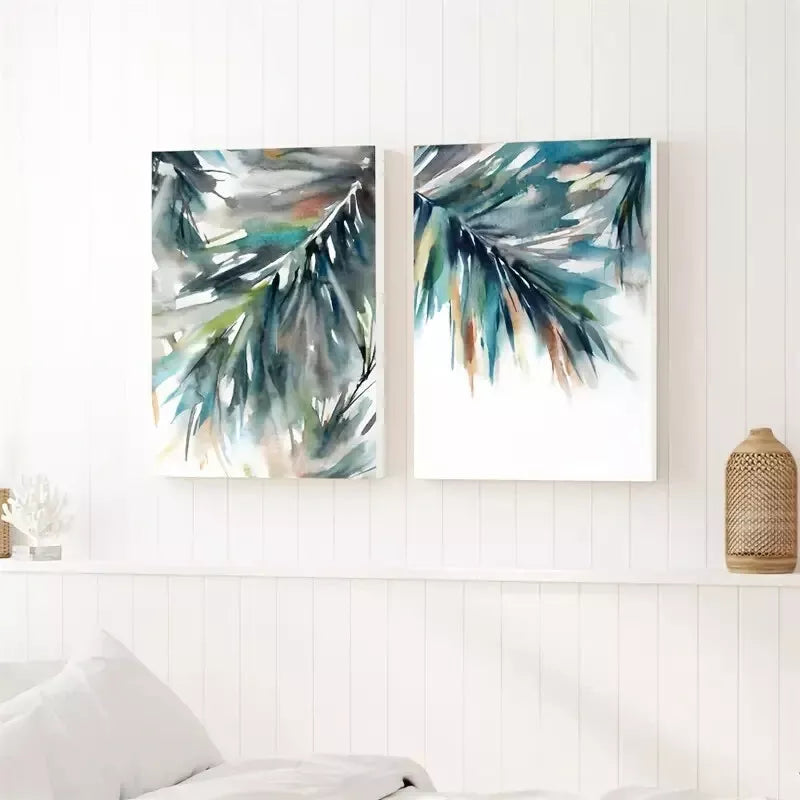 2pcs Palm Leaf Greenery Botanical Watercolor Tropical Framed 50x75cm - High Quality Print 100% Australian Made Wall Canvas Ready to Hang - Bella Home Decor