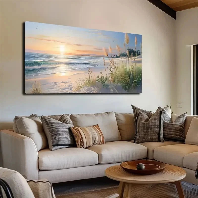 Gold Sunset Sandy Seaside Wall Art wall canvas office home room framed 120x60cm - Bella Home Decor