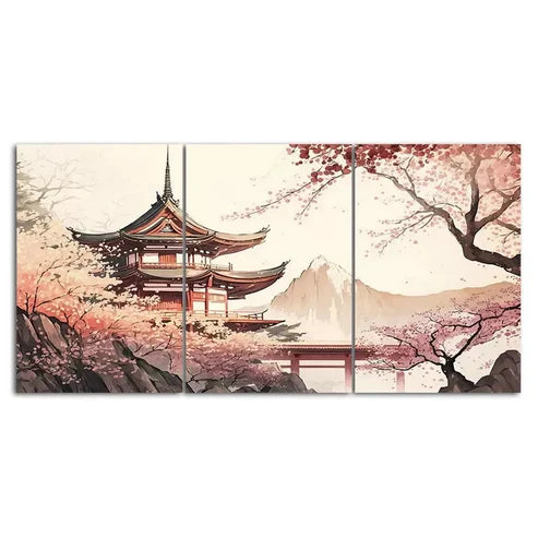 3pcs Chinese Temple Scenery Art with Golden Wall Art Set Canvas Unframed - High Quality Print 100% Australian Made Wall Canvas