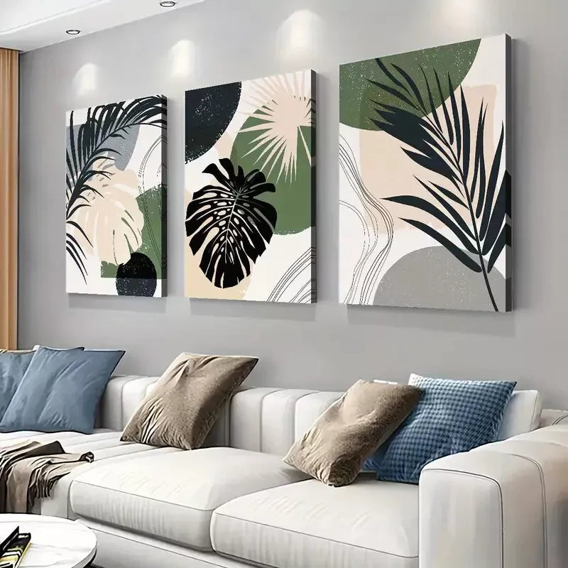3pcs Bohemian Abstract Monstera Leaf Canvas Framed 40x60cm - High Quality Print 100% Australian Made Wall Canvas Ready to Hang - Bella Home Decor