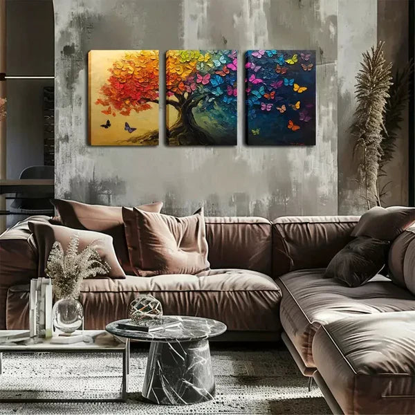 3pcs Beautiful Trees, Colorful Butterflies Wall Art Set Canvas Framed 60x90cm - High Quality Print 100% Australian Made Wall Canvas Ready to Hang - Bella Home Decor