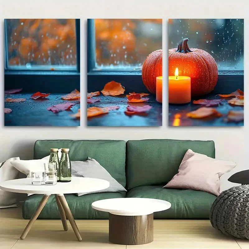 3pcs Rustic Autumn Pumpkin Scene with Candle Metal Print Ready to Hang Art