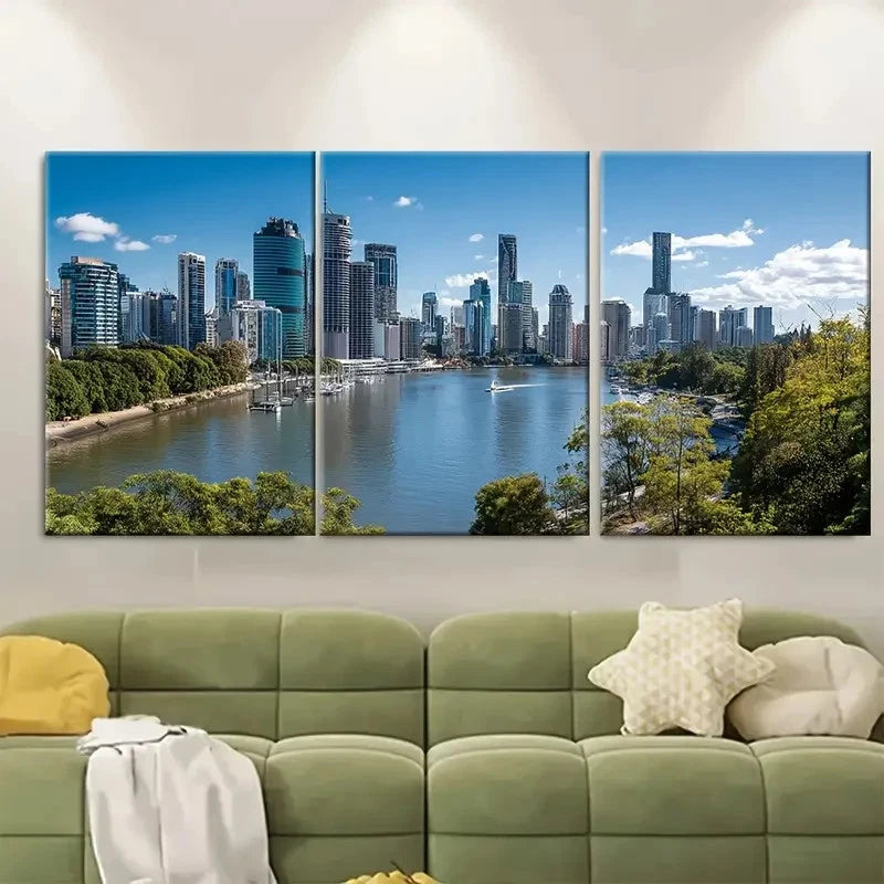 3pcs Brisbane Riverside Skyline Wall Art Set Canvas Framed 50x70cm - High Quality Print 100% Australian Made Wall Canvas Ready to Hang - Bella Home Decor