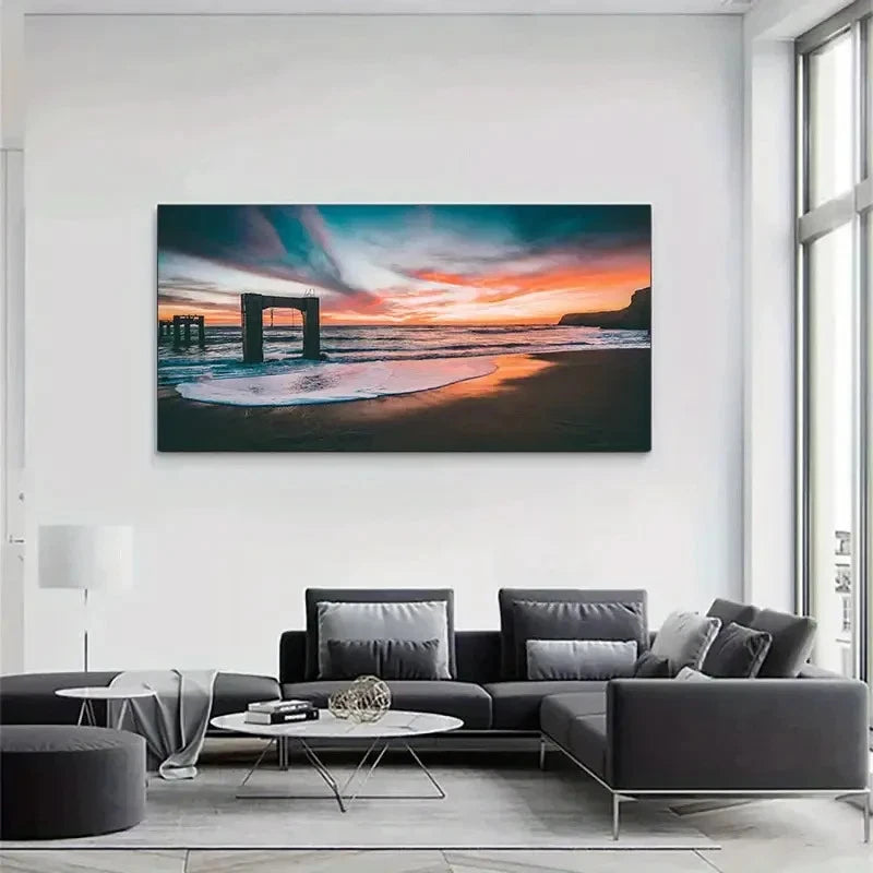 Beach Sunset Scene With Waves Wall Art Canvas Office Home Room Framed 120x60cm