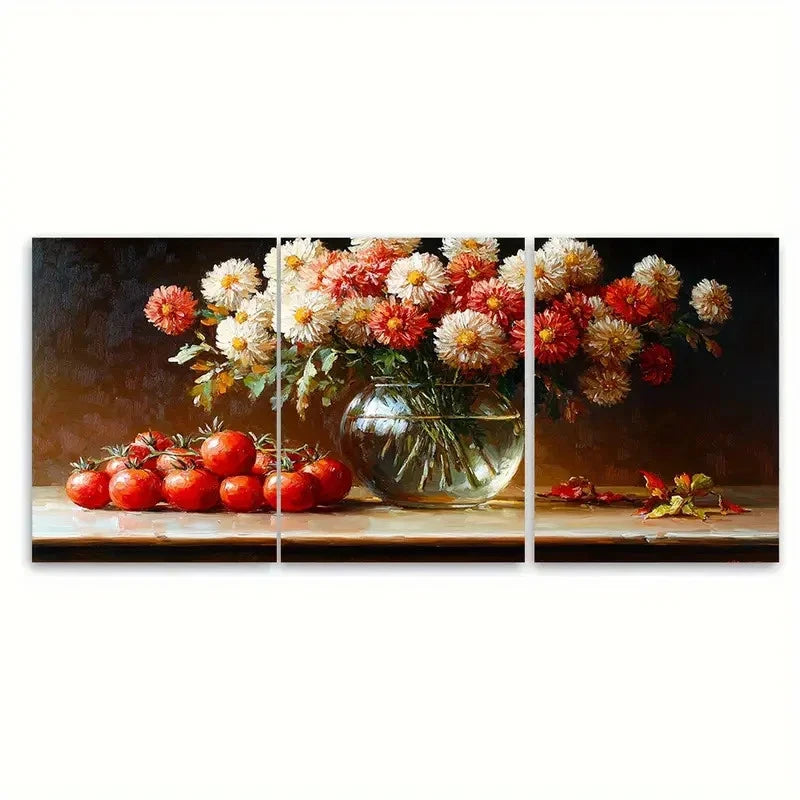 3pcs Chrysanthemums in a Glass Vase with Tomato Wall Art Set Canvas Framed 40x60cm - High Quality Print 100% Australian Made Wall Canvas Ready to Hang - Bella Home Decor