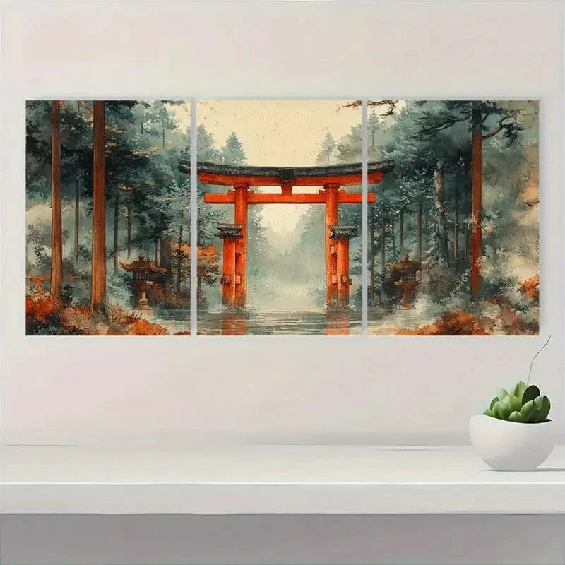 3pcs Japanese Ukiyo E Woodblock Torii Gate TG Wall Art Set Canvas Framed 40x60cm - High Quality Print 100% Australian Made Wall Canvas Ready to Hang