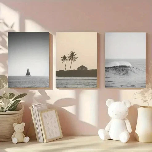 3pcs Palm Trees, Sailboat, Ocean Wave Wall Art Canvas Unframed - High Quality Print 100% Australian Made Wall Canvas
