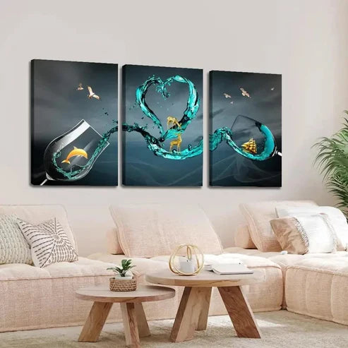 3pcs Stylish Wine Glass & Golden Dolphin Wall Art Canvas Unframed - High Quality Print 100% Australian Made Wall Canvas