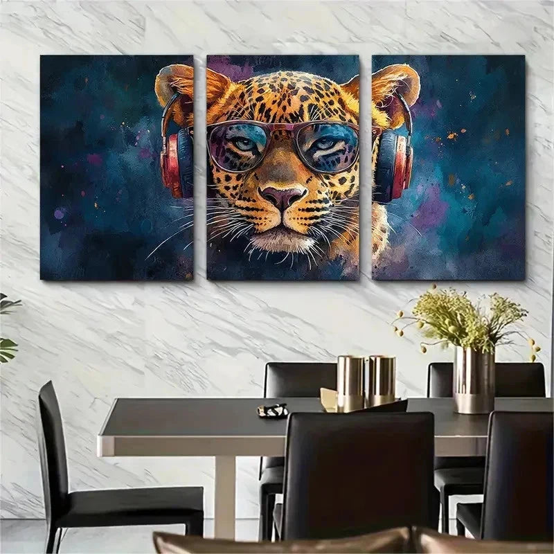 3pcs Colourful Leopard Headphones Glasses H Wall Art Set Canvas Framed 40x60cm - High Quality Print 100% Australian Made Wall Canvas Ready to Hang - Bella Home Decor